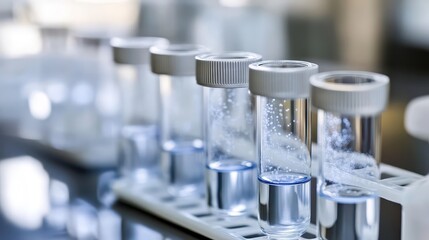 Closeup of Laboratory Test Tubes with Blue Liquid in a Rack