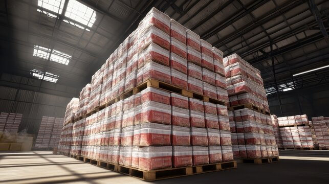 High stacks of sealed food supply crates in a large warehouse