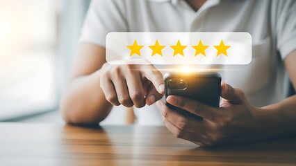 Man holding smartphone with five star rating overlay customer experience concept
