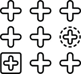 Fototapeta premium Plus Sign Icon Set Outline Symbols for Math, Add, and Positive Actions