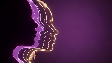 Vibrant purple and gold neon human faces in profile