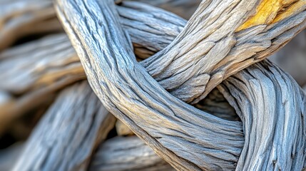 Intricate wood carving detail showing interlocking branches with rough texture and natural grain
