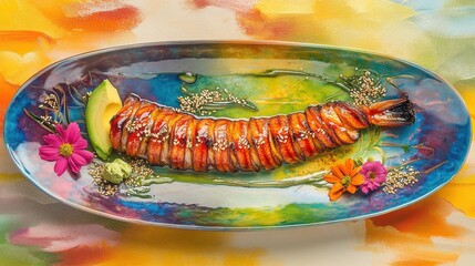 Delicious Japanese sushi rolls with eel and avocado on a plate