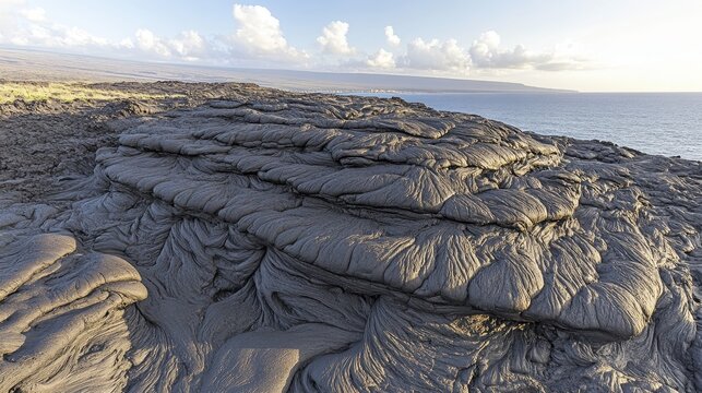 Dark volcanic rock formations sculpted by natural forces near the ocean under a cloudy sky