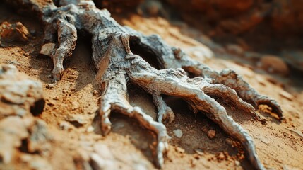 Gnarled exposed roots of a hardy desert plant gripping dry sandy earth showing intricate natural texture
