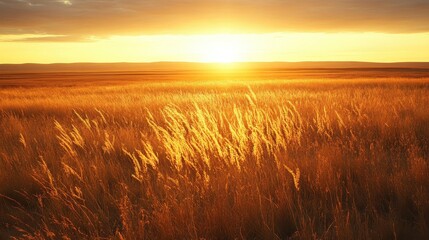 Obraz premium Golden sunset illuminates vast fields of tall grass with soft light on the horizon