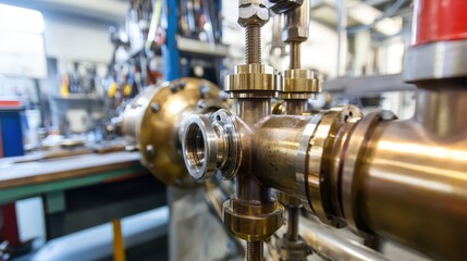 Interlocking brass components forming intricate industrial machinery assembly in a workshop environment