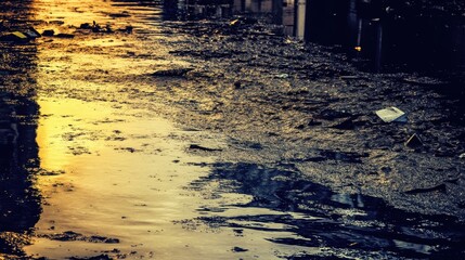 Floodwaters receding leaving a thick layer of silt and mud on the ground with reflections of buildings in the remaining water