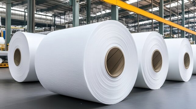 Large industrial sized rolls of white absorbent material stored indoors on a factory floor
