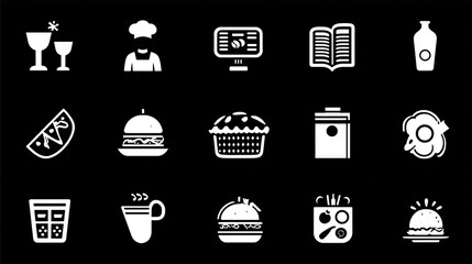 Curated Collection of Flat White Food and Beverage Related Icons on a Black Background, Ideal for Menus and Digital Design.