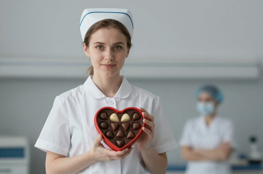 A female health care worker receives a valentine gift at work. Doctor celebrating Valentines day in hospital