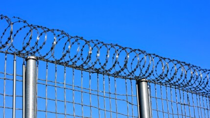 Razor wire topping a reinforced metal fence under a clear blue sky