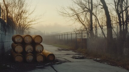 Rows of identical empty fuel drums stacked haphazardly beside a chain link fence and barren trees on a foggy day