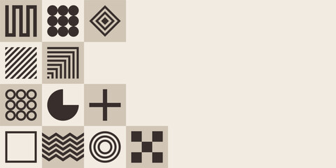 Abstract creative background, web banner. Abstract brown geometric shapes composition. Square tiles with different color geometric shapes inside. Vector color illustration in flat style.