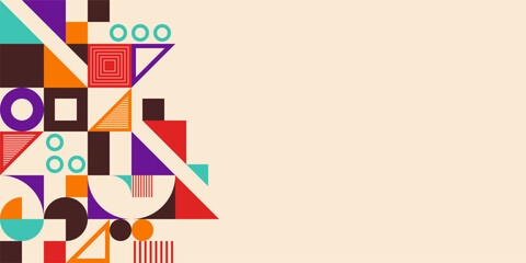 Abstract creative background, web banner in bauhaus style. Abstract different color geometric shapes composition. Vector color illustration in flat style.
