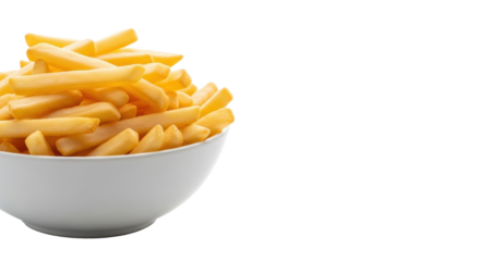 Perfectly cooked, crispy, golden-brown French fries piled high in a white ceramic bowl, clean studio background, ample copy space. Concept of appetizing comfort food