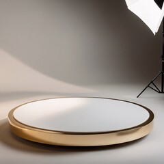 Clean isolated white vector podium with a round metal design and a bright spotlight on an empty stage for a kitchen food dish or dinner plate object