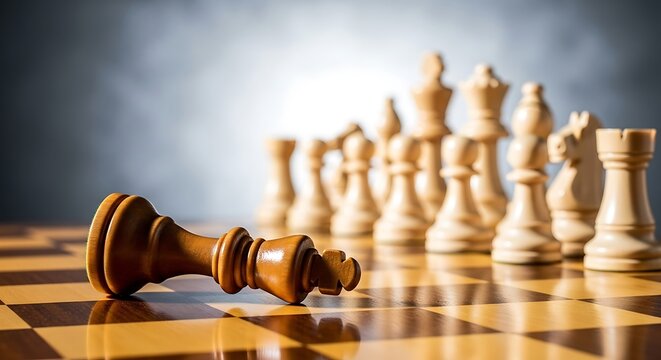 Defeated brown wooden chess king lies face down on the board while the blurred white pieces stand ready representing strategic game loss or checkmate concept