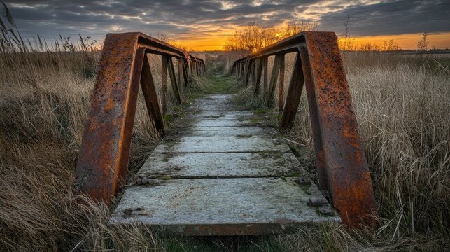 Rusty steel supports of a ruined railway bridge disappearing into a grassy landscape at sunset