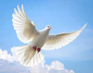 Bird flying in the clear blue sky with spread wings and bright sunlight shining down
