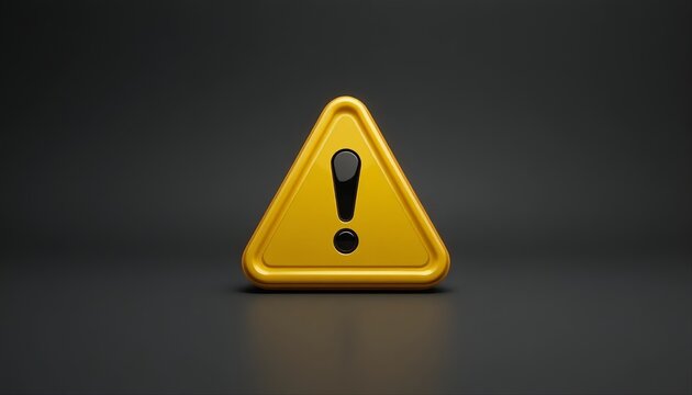 A glossy yellow triangular warning icon with a black exclamation mark, rendered in 3D style on a dark reflective surface, symbolizing alert, caution, risk, and safety notice