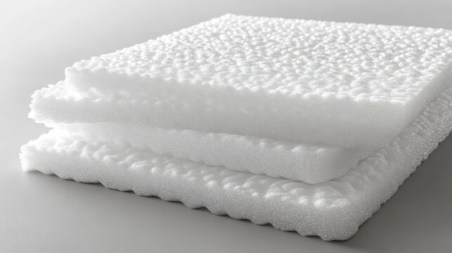 Stacked white sheets of textured shock absorbing foam material showing a bubble pattern for packaging and protection