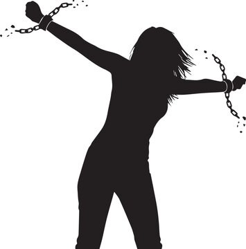 Silhouette of a woman breaking free from chains with arms outstretched
