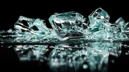 Sharp glittering shards of broken glass like fallen fragments on a reflective dark surface