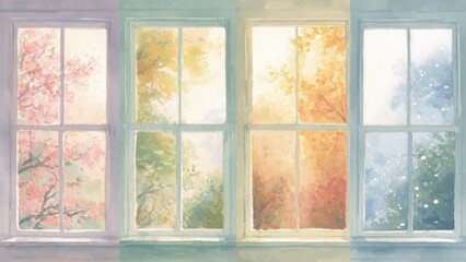 四季の風景を映す窓並び 優しい色彩の水彩イラスト 背景素材