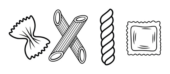 Distinct black line of pasta shapes a white food collection