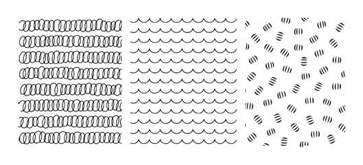 Distinct black and white abstract patterns featuring horizontal loops wavy lines and striped circles