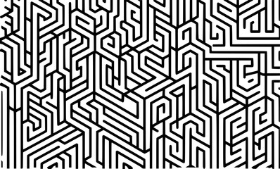 Intricate black and white geometric maze pattern with sharp angles and interlocking lines