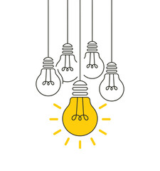 Hanging light bulbs illuminated yellow with radiating light white lightbulb idea