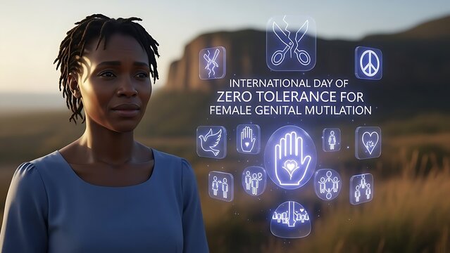 International day of zero tolerance for female genital mutilation awareness campaign with a woman in a field