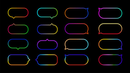 A set of 16 neon led, rounded tooltips or speech balloons. Rainbow gradient vector speech bubbles, dialogue balloons or text balloons. Can be used in comics and as tips, hints or notifications on webs