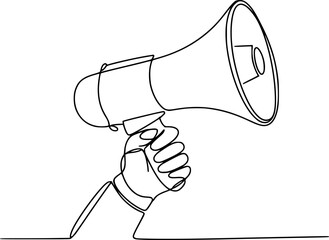 Single line of a hand holding a megaphone for announcement or protest