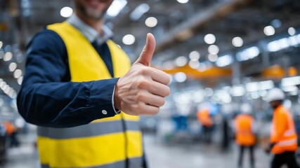 Close-up of factory employee’s hand giving a thumbs-up, blurred industrial background with engineers and machinery, vibrant lighting highlighting teamwork and service excellence