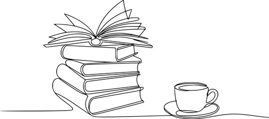 Stack of books with open pages and a cup of coffee a saucer
