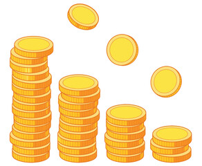 Stacks of gold coins with loose coins floating above money wealth