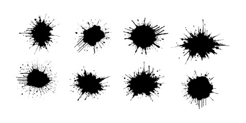 Abstract black ink splatter on a pure white background, irregular organic shape with rough jagged edges, paint drips and splashes radiating outward, high contrast, grunge texture, minimalist.