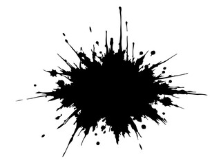 Abstract black ink splatter on a pure white background, irregular organic shape with rough jagged edges, paint drips and splashes radiating outward, high contrast, grunge texture, minimalist.