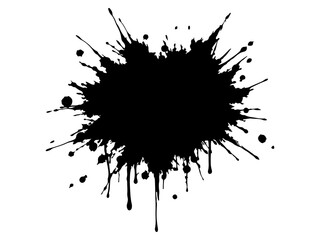 Abstract black ink splatter on a pure white background, irregular organic shape with rough jagged edges, paint drips and splashes radiating outward, high contrast, grunge texture, minimalist.
