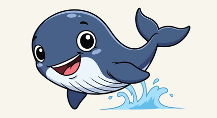 Obraz premium Happy cartoon blue whale illustration joyfully jumping and splashing from water, cute marine animal vector artwork.