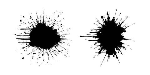 Abstract black ink splatter on a pure white background, irregular organic shape with rough jagged edges, paint drips and splashes radiating outward, high contrast, grunge texture, minimalist.