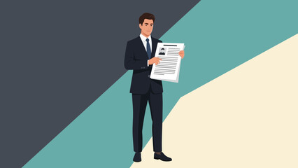 Businessman holding resume, presenting qualifications, job application, career success