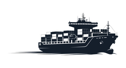 A striking black and white depiction of a large cargo ship sailing on the water silhouette © Kuntol02