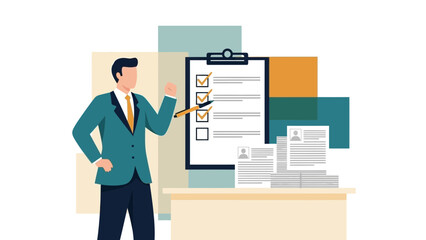 Businessman making checklist on clipboard, presenting document stack with resumes