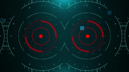 Futuristic dual red HUD warning radar interface with rotating circular indicators on a dark digital background. Ideal for sci-fi UI, system alerts, and VFX overlays. - Powered by Adobe