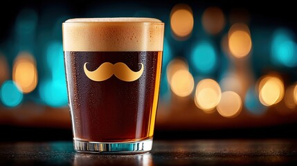 Dark craft beer in a glass with foam and mustache symbol on bar background, copy space banner for Oktoberfest, pub promotion, brewery advertising, beer festival posters and alcohol marketing designs