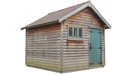 Small wooden shed with green door and brown roof small house isolated on a transparent background